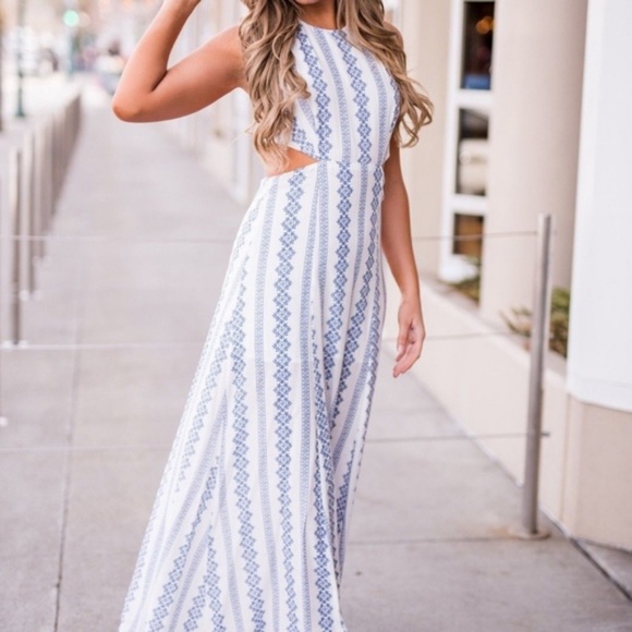 Dresses & Skirts - Blue and white boho Halter maxi dress